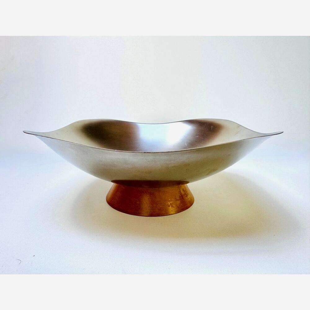 West Bend Stainless Steel & Wood Pedestal Bowl – 12” Mid Century Modern